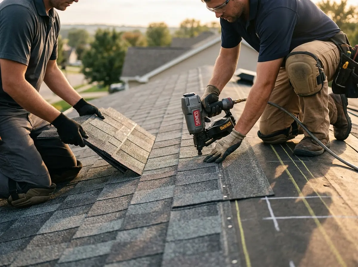 Professional roofer working on a residential roof in Semmes